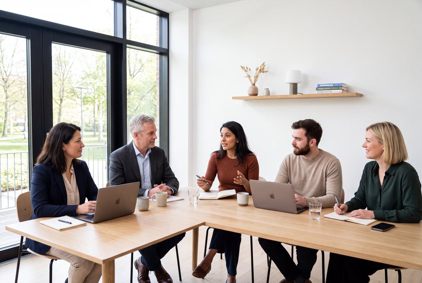 Vijf therapeuten in gesprek rond een tafel tijdens een intervisiebijeenkomst